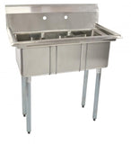 Omcan 10″ x 14″ x 10″ Stainless Steel Three Tub Space Saver Sink with Corner Drain (No drainboard, left, right, two sides)