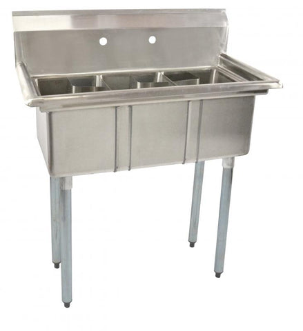 Omcan 10″ x 14″ x 10″ Stainless Steel Three Tub Space Saver Sink with Corner Drain (No drainboard, left, right, two sides)