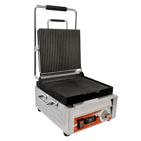 Omcan 42910 - Single Panini Grill with Grooved Plates and Timer – 10″ x 11″ Cooking Surface – 120V, 1800W