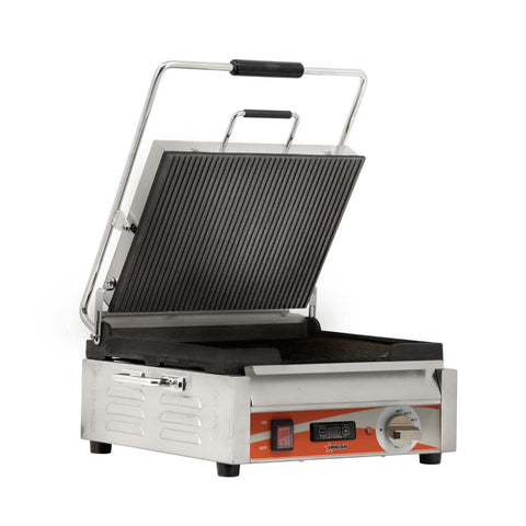 Omcan 42912 - Single Panini Grill with Grooved Plates and Timer – 12″ x 15″ Cooking Surface – 120V, 1800W