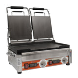 Omcan 42913 - Double Panini Grill with Smooth Plates and Timer – 10″ x 18″ Cooking Surface – 220V, 3200W