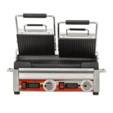 Omcan 42914 - Double Panini Grill with Grooved Plates and Timer – 10″ x 18″ Cooking Surface – 220V, 3200W