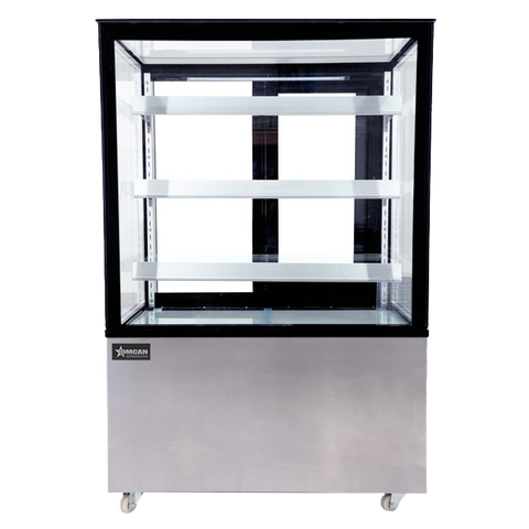 Omcan 44382 - 36″ Three (3) Shelf Square Glass Floor Refrigerated Display Case, 13.77 cu.ft (390 L), Stainless Steel