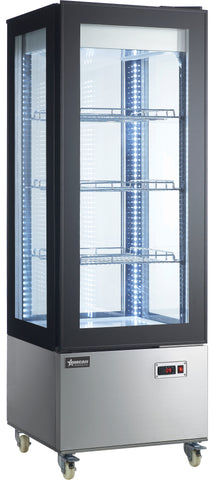 Omcan 44473 - 26″ Three (3) Shelf Refrigerated Display Case with Four-Sided Glass 75″ Tall, 14.14 cu.ft. (400 L), Stainless Steel