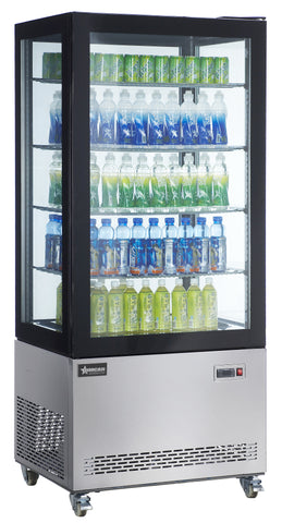 Omcan 44474 - 33″ Three (3) Shelf Refrigerated Display Case with Four-Sided Glass 75″ Tall, 19.42 cu.ft. (550 L), Stainless Steel