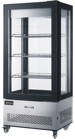 Omcan 44474 - 33″ Three (3) Shelf Refrigerated Display Case with Four-Sided Glass 75″ Tall, 19.42 cu.ft. (550 L), Stainless Steel