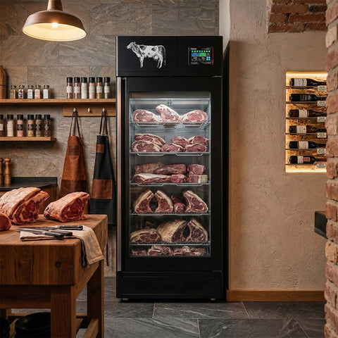 Omcan 46184 - Stagionello® Maturmeat® 150kg Meat Curing Cabinet with ClimaTouch® and Fumotic®, Front and Back View - Black