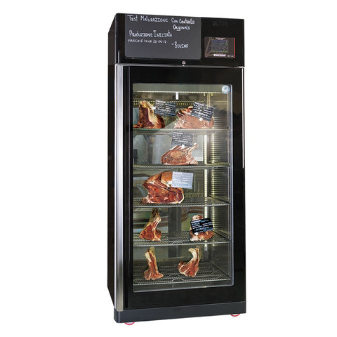 Omcan 46184 - Stagionello® Maturmeat® 150kg Meat Curing Cabinet with ClimaTouch® and Fumotic®, Front and Back View - Black