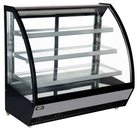 Omcan 46471 - 60″ Three (3) Shelf Refrigerated Floor Showcase with Curved Glass, 28 cu.ft. (799 L), Black