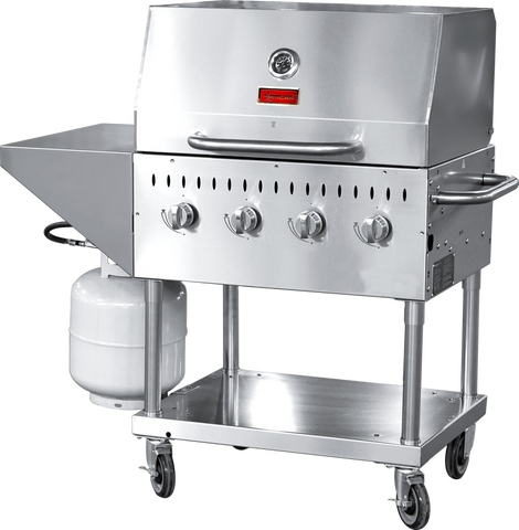 Omcan 47352 - Stainless Steel Propane Outdoor BBQ Grill, 4 Burners, 64000BTU, Top And Side Shelf, 1 Roll Dome