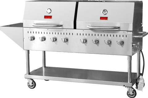 Omcan 47353 - Stainless Steel Propane Outdoor BBQ Grill, 8 Burners, 128000BTU, Top And Side Shelf, 2 Roll Domes
