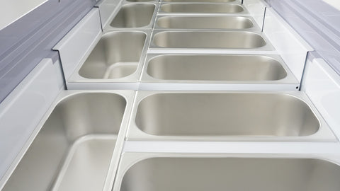 Omcan 47744 - 71″ Thirteen (13) Pan Gelato Dipping Cabinet with Flat Sneeze Guard and Pans