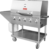 Omcan 47840 - Stainless Steel Propane Outdoor BBQ Grill with 5 Burners, Top and Side Shelf and Roll Dome, 80000 BTU