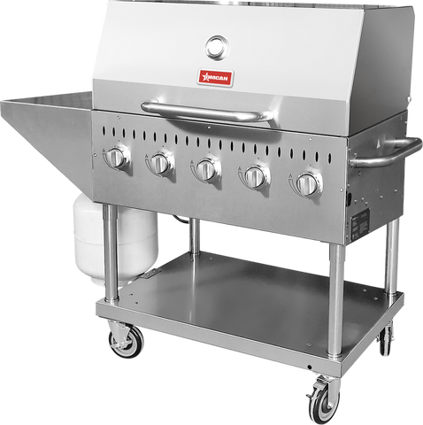 Omcan 47840 - Stainless Steel Propane Outdoor BBQ Grill with 5 Burners, Top and Side Shelf and Roll Dome, 80000 BTU