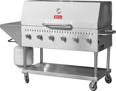 Omcan 47841 - Stainless Steel Propane Outdoor BBQ Grill, 6 Burners, 96000BTU, Top And Side Shelf, 1 Roll Dome