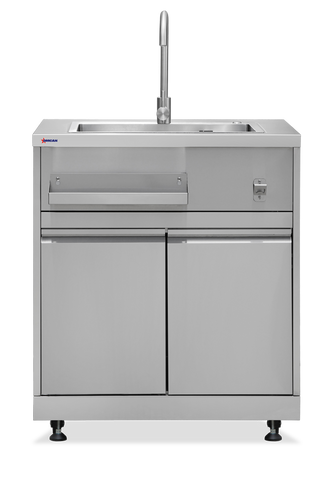 Omcan 47961 - 32″ Stainless Steel Hand Sink Cabinet Stand With Faucet, Water Pipe, 2-Door Storage, Storage Tray