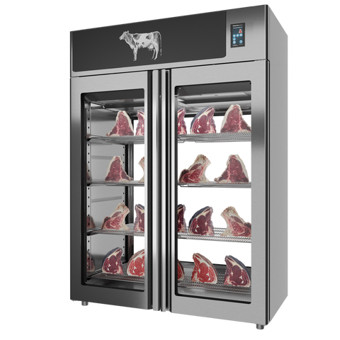 Omcan 48044 - Stagionello® Dry Age 3.0 1400 Liter, 450 Kg Dry Aging Cabinet with Humidity Management, 2-Glass View – 220-240V, 1Ph, 548W