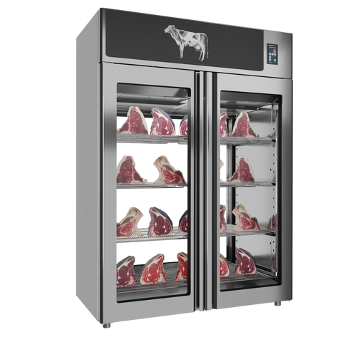 Omcan 48044 - Stagionello® Dry Age 3.0 1400 Liter, 450 Kg Dry Aging Cabinet with Humidity Management, 2-Glass View – 220-240V, 1Ph, 548W