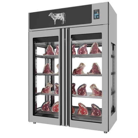 Omcan 48045 - Stagionello® Dry Age 3.0 1400 Liter, 450 Kg Dry Aging Cabinet with Humidity Management, 4-Glass View – 220-240V, 1Ph, 548W