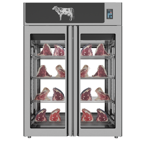 Omcan 48045 - Stagionello® Dry Age 3.0 1400 Liter, 450 Kg Dry Aging Cabinet with Humidity Management, 4-Glass View – 220-240V, 1Ph, 548W