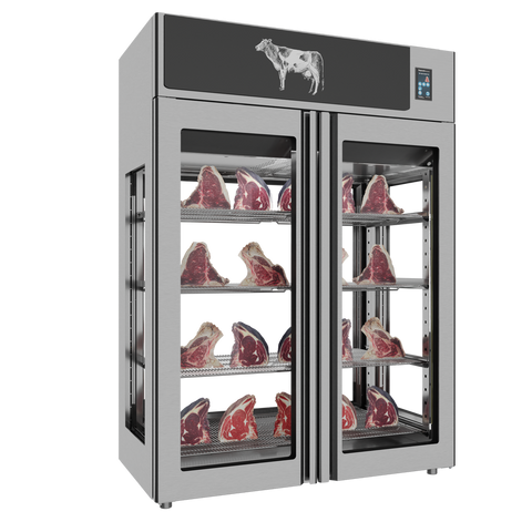 Omcan 48045 - Stagionello® Dry Age 3.0 1400 Liter, 450 Kg Dry Aging Cabinet with Humidity Management, 4-Glass View – 220-240V, 1Ph, 548W
