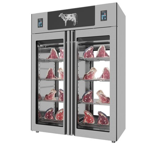 Omcan 48047 - Stagionello® Dry Age 3.0 TWIN 1400 Liter, 150 Kg + 150 Kg Dry Aging Cabinet with Humidity Management, 2-Glass View – 220-240V, 1Ph, 548W