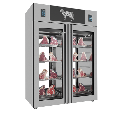 Omcan 48047 - Stagionello® Dry Age 3.0 TWIN 1400 Liter, 150 Kg + 150 Kg Dry Aging Cabinet with Humidity Management, 2-Glass View – 220-240V, 1Ph, 548W