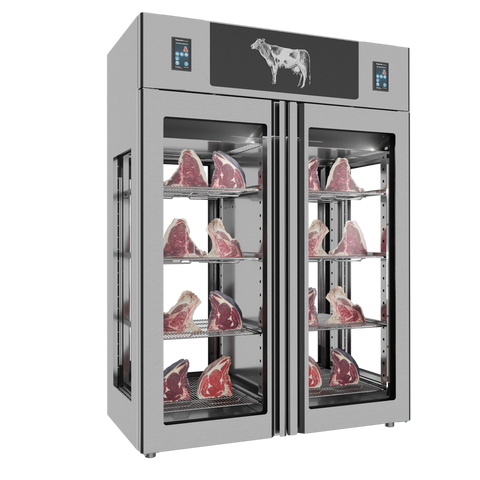 Omcan 48048 - Stagionello® Dry Age 3.0 TWIN 1400 Liter, 150 Kg + 150 Kg Dry Aging Cabinet with Humidity Management, 4-Glass View – 220-240V, 1Ph, 548W