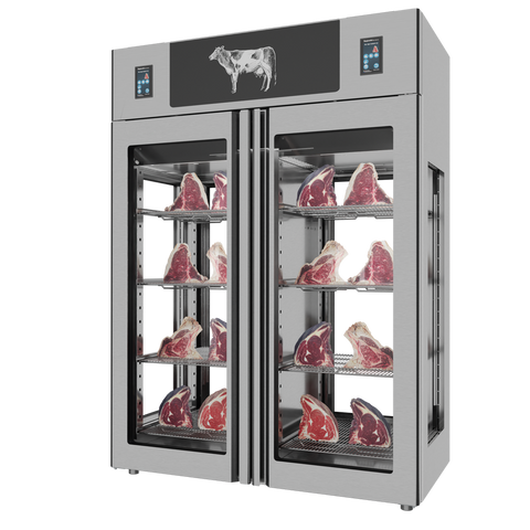 Omcan 48048 - Stagionello® Dry Age 3.0 TWIN 1400 Liter, 150 Kg + 150 Kg Dry Aging Cabinet with Humidity Management, 4-Glass View – 220-240V, 1Ph, 548W
