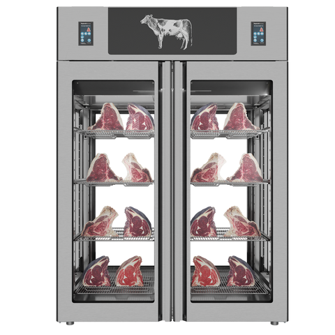 Omcan 48048 - Stagionello® Dry Age 3.0 TWIN 1400 Liter, 150 Kg + 150 Kg Dry Aging Cabinet with Humidity Management, 4-Glass View – 220-240V, 1Ph, 548W