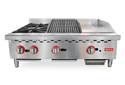 Omcan 48086 - 36″ Countertop Gas Combination Hot Plate, Charbroiler and Griddle Combo- 115,000 BTU Natural Gas