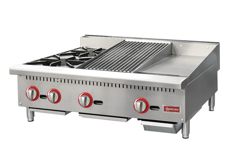 Omcan 48086 - 36″ Countertop Gas Combination Hot Plate, Charbroiler and Griddle Combo- 115,000 BTU Natural Gas