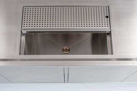 Omcan 48405 - 72” x 30” x 34” Bubble Tea Station with 6” Backsplash, Two 15” x 15” x 10” Sinks, Drainage Panels &amp; Overshelves
