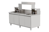 Omcan 48405 - 72” x 30” x 34” Bubble Tea Station with 6” Backsplash, Two 15” x 15” x 10” Sinks, Drainage Panels &amp; Overshelves