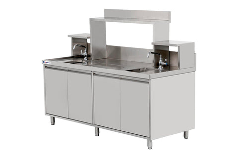 Omcan 48405 - 72” x 30” x 34” Bubble Tea Station with 6” Backsplash, Two 15” x 15” x 10” Sinks, Drainage Panels &amp; Overshelves