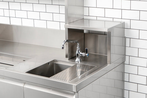 Omcan 48405 - 72” x 30” x 34” Bubble Tea Station with 6” Backsplash, Two 15” x 15” x 10” Sinks, Drainage Panels &amp; Overshelves
