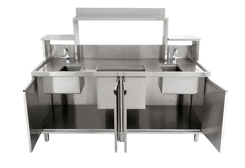 Omcan 48405 - 72” x 30” x 34” Bubble Tea Station with 6” Backsplash, Two 15” x 15” x 10” Sinks, Drainage Panels &amp; Overshelves