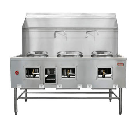 Omcan 48409 - Three Chamber Wok Range with Two 13″ Ring &amp; One 16″ Ring, Backsplash, Faucet, 315,000 BTU – Natural Gas