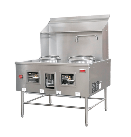 Omcan 48413 - Two Chamber Wok Range with 13" + 16″ Ring, Backsplash, Faucet, 220,000 BTU – Natural Gas