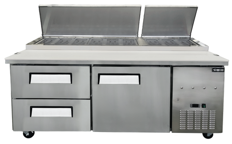 Omcan 49298 - 71” One (1) Door Refrigerated Pizza Prep Table with Drawers, 22 cu.ft. (623 L), Stainless Steel
