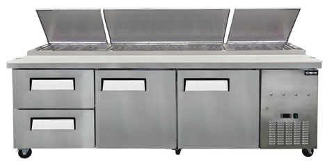 Omcan 49299 - 94” Two (2) Door Refrigerated Pizza Prep Table with Drawers, 32 cu.ft. (906 L), Stainless Steel