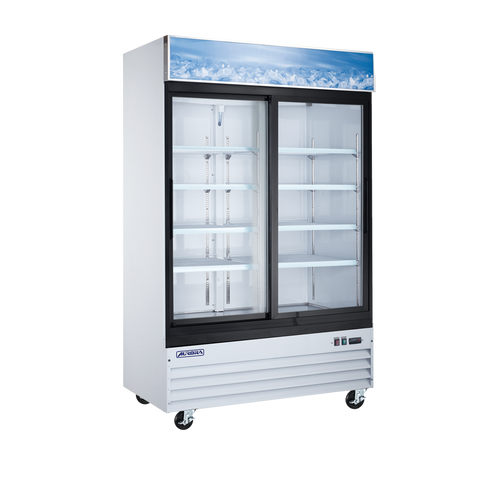Omcan 59032 - Aurora 54″ Two (2) Sliding Glass Door Display Refrigerator with Lightbox, 45 cu.ft. (1274 L), White