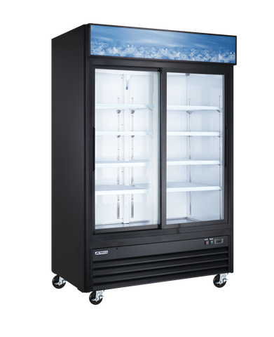 Omcan 59132 - Aurora 54″ Two (2) Sliding Glass Doors Display Refrigerator with Lightbox, 45 cu.ft. (1274 L), Black